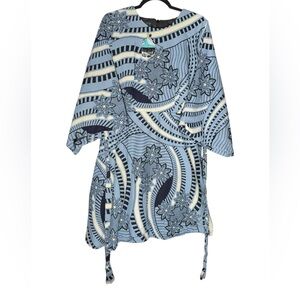Ray Darten Floral Geo African Print Cotton Dress Womens size 1X Blue Tan NEW
